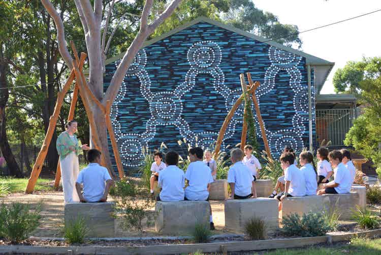 Teacher teaching students in outdoor setting